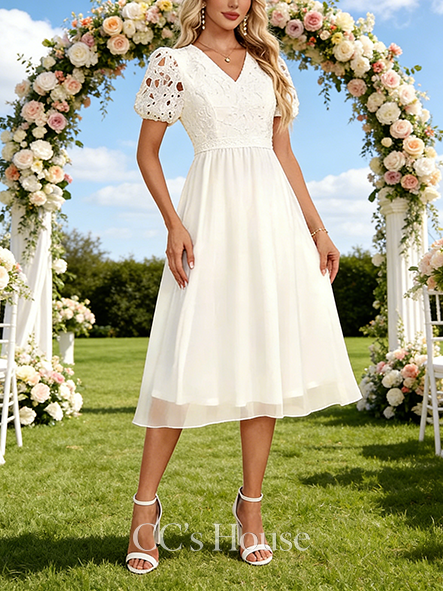 V-Neck A-Line Bridal Gown - Tea-Length Lace Chiffon Wedding Dress