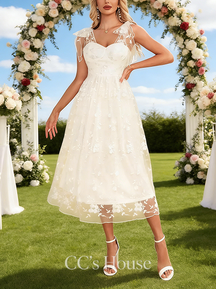 Sweetheart Neck A-Line Bridal Gown - Tea-Length Lace Wedding Dress with Bow