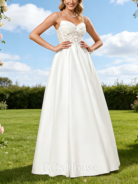 Sweetheart Neck A-Line Bridal Gown - Floor-Length Lace Satin Wedding Dress