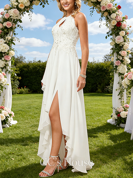 Halter Neck A-Line Bridal Gown - Asymmetrical Lace Chiffon Wedding Dress with Sequins