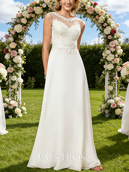Boat Neck A-Line Bridal Gown - Floor-Length Lace Chiffon Wedding Dress