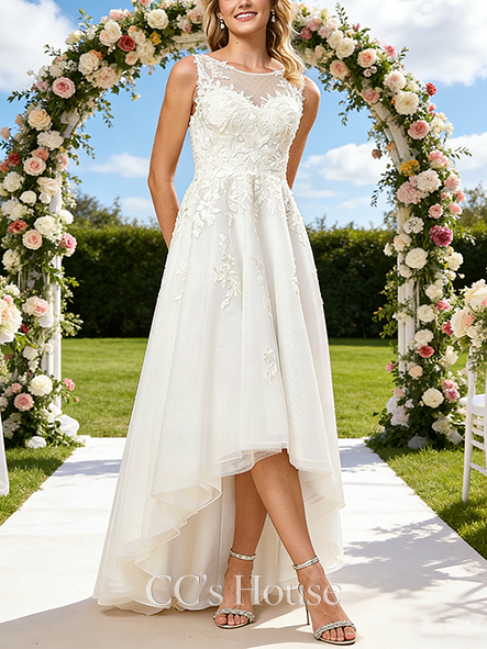 Scoop Illusion Neck A-Line Bridal Gown - Asymmetrical Tulle Lace Wedding Dress with Sequins