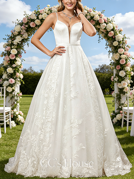 V-Neck A-Line Bridal Gown - Sweep Train Lace Tulle Wedding Dress with Beading and Sequins