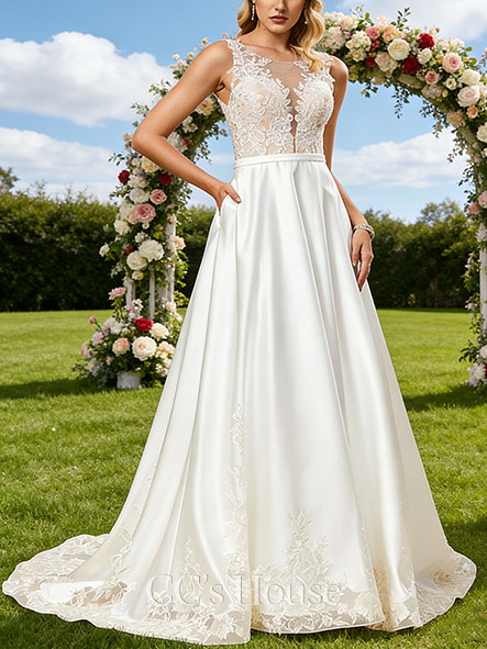 Scoop Illusion Neck A-Line Bridal Gown - Court Train Lace Satin Wedding Dress with Flower Sequins