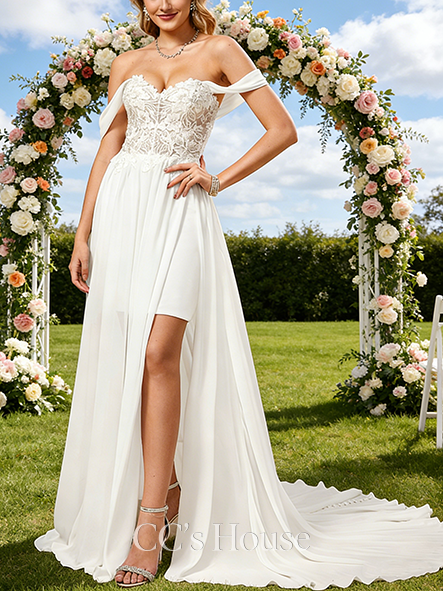 Off-the-Shoulder A-Line Bridal Gown - Court Train Lace Chiffon Wedding Dress with Sparkling Sequins
