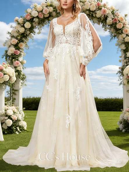 Square Neck A-Line Bridal Gown - Court Train Tulle Lace Wedding Dress