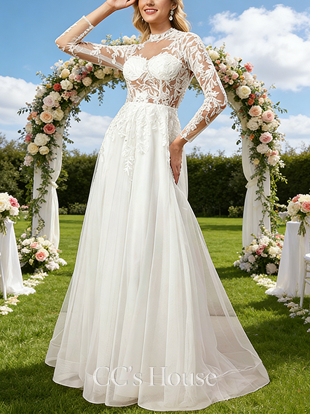 High Neck A-Line Bridal Gown - Sweep Train Lace Tulle Wedding Dress