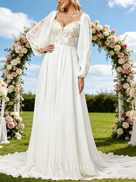 V-Neck A-Line Bridal Gown - Sweep Train Chiffon Lace Wedding Dress
