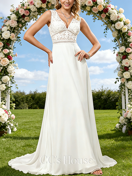 V-Neck A-Line Bridal Gown - Sweep Train Lace Chiffon Wedding Dress