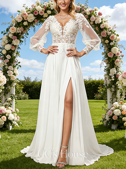 V-Neck A-Line Bridal Gown - Sweep Train Lace Chiffon Wedding Dress