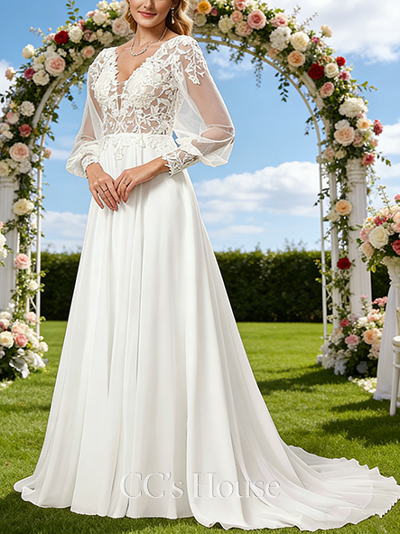 V-Neck A-Line Bridal Gown - Court Train Lace Chiffon Wedding Dress