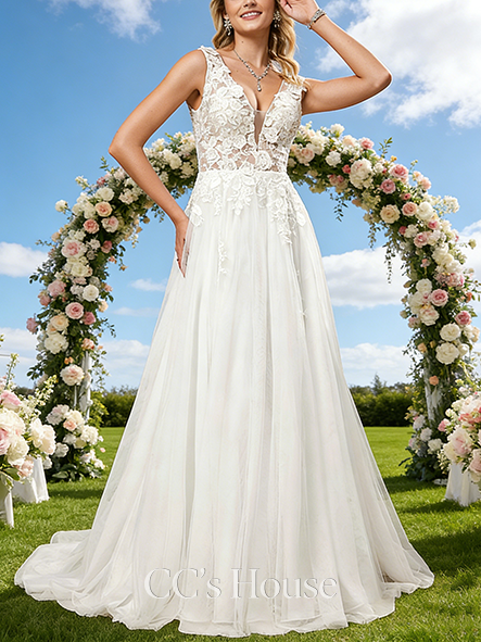 V-Neck A-Line Bridal Gown - Sweep Train Lace Tulle Wedding Dress with Sequins