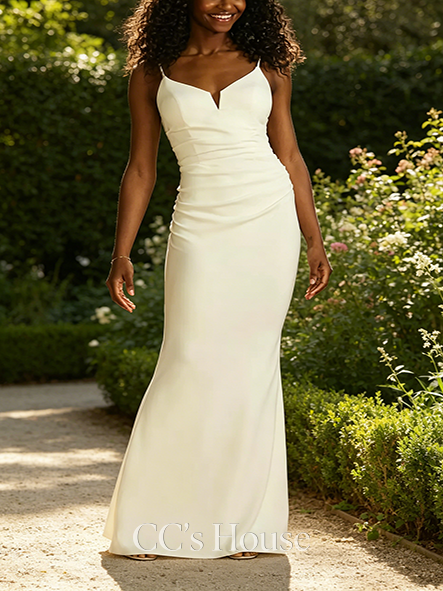 Romantic Ruched V-Neck Spaghetti Strap Sheath Wedding Dress Romantic Ruched V-Neck Spaghetti Strap Sheath Wedding Dress