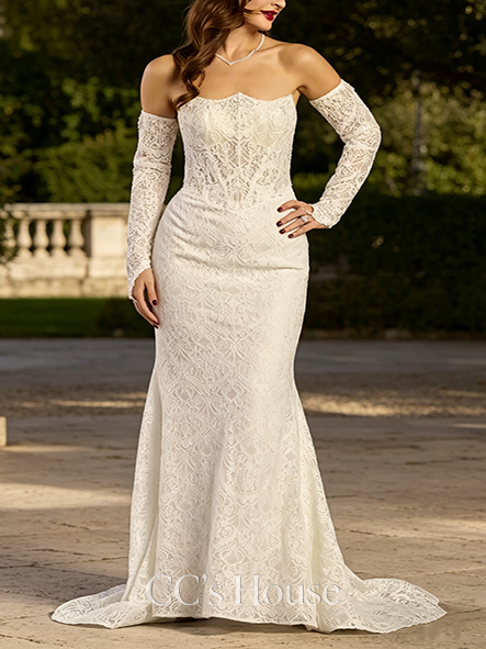 Delicate Lace Inverted Sweetheart Sheath with Beaded Bodice