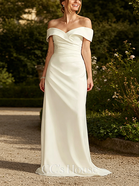 Timeless Crepe Off-the-Shoulder Sheath Wedding Dress