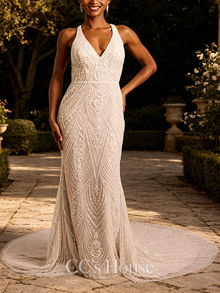 Open-back Beaded Halter Open Back Sheath Wedding Dress