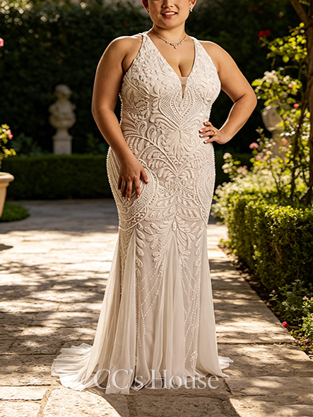 Fully-beaded Plunging Allover Beaded Sheath Wedding Dress