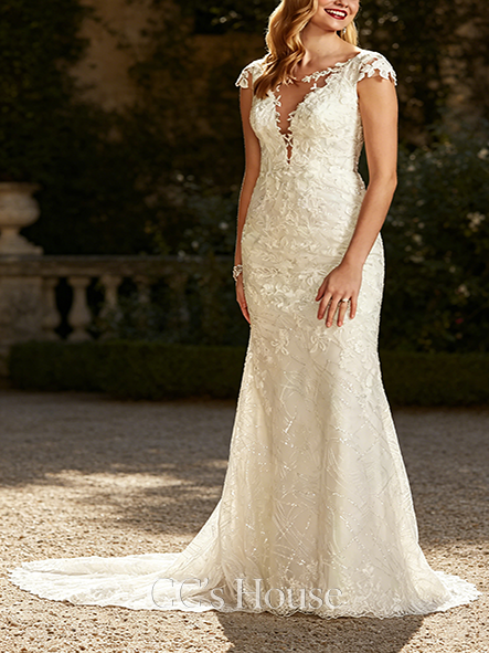 Swag-back Tulle Sheath Wedding Dress with Beaded Swag Back