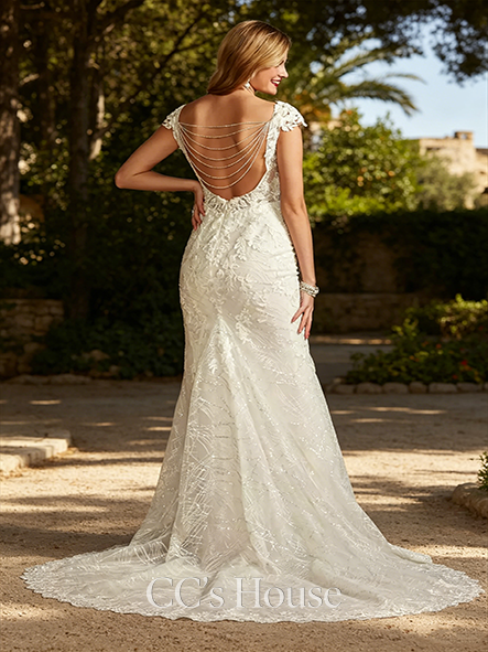 Swag-back Tulle Sheath Wedding Dress with Beaded Swag Back