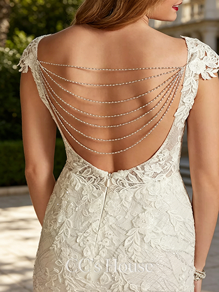 Swag-back Tulle Sheath Wedding Dress with Beaded Swag Back