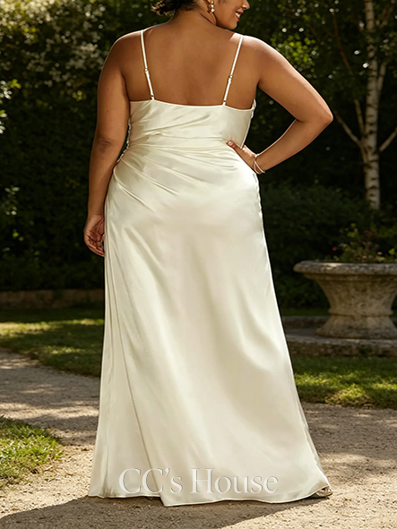 Thin-strap Draped Satin Spaghetti Strap Sheath Wedding Dress