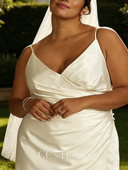 Thin-strap Draped Satin Spaghetti Strap Sheath Wedding Dress