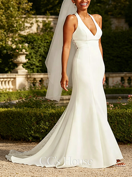 Train-detailed Sheer Back Crepe Wedding Dress with Lace Train