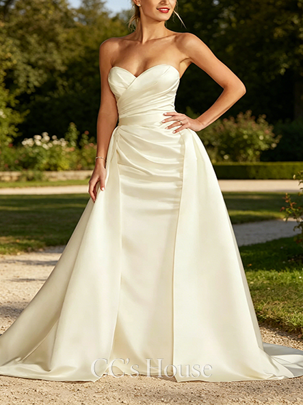Dramatic Satin Ruched Bodice Wedding Dress with Overskirt