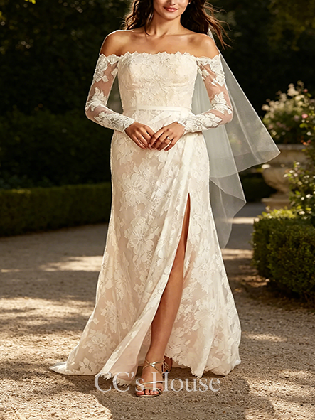 Boho Large Floral Lace Long Sleeve Wedding Dress