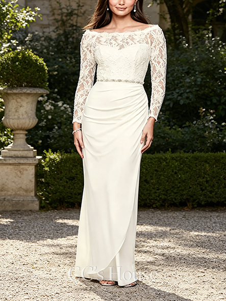 Ornate Off-the-Shoulder Long Sleeve Lace Draped Gown