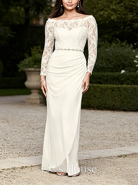 Elaborate Off-the-Shoulder Long Sleeve Lace Draped Gown