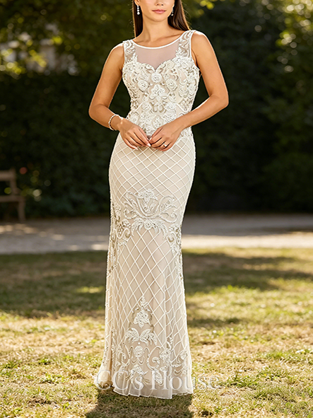 Airy Hyacinth Illusion High-Neck Beaded Gown