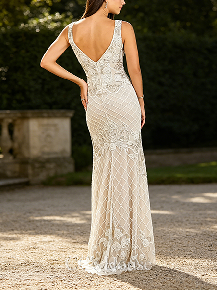 Airy Hyacinth Illusion High-Neck Beaded Gown