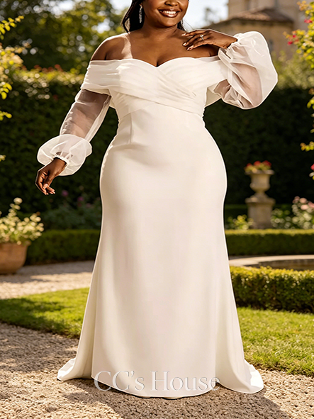 Billowy Stretch Crepe Billow Sleeve Sheath Wedding Dress