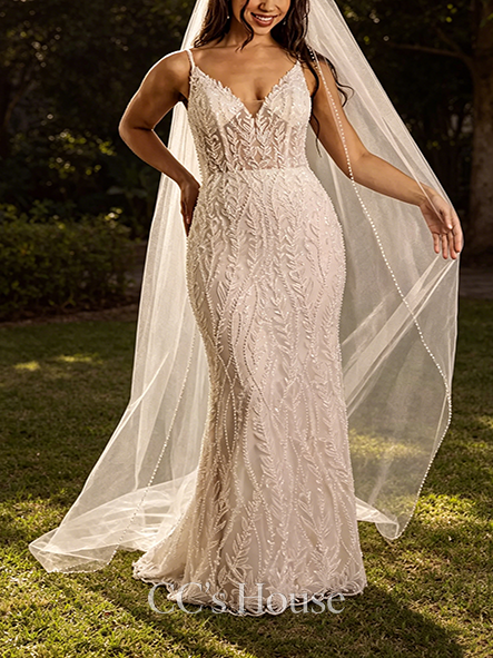 V-shaped Beaded V-Neck Sheath Wedding Dress