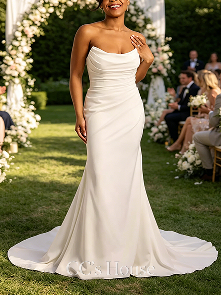 Romantic Strapless Draped Satin Mermaid Wedding Dress