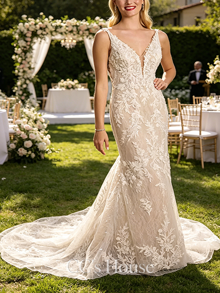 Glamorous Beaded Plunging Tank Mermaid Wedding Dress