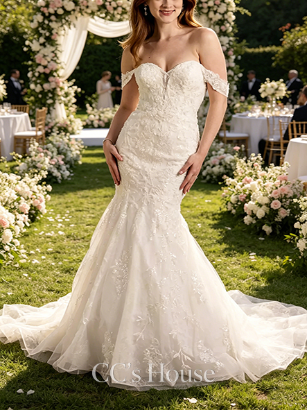 Delicate Lace Applique Mermaid Gown with Flowy Swag Sleeves