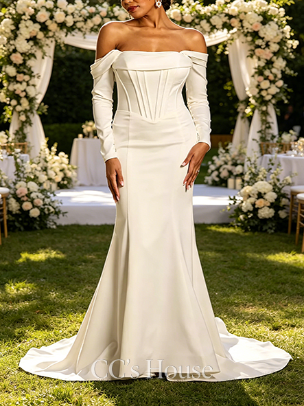 Noble Swag Sleeve Stretch Satin Corset Wedding Dress