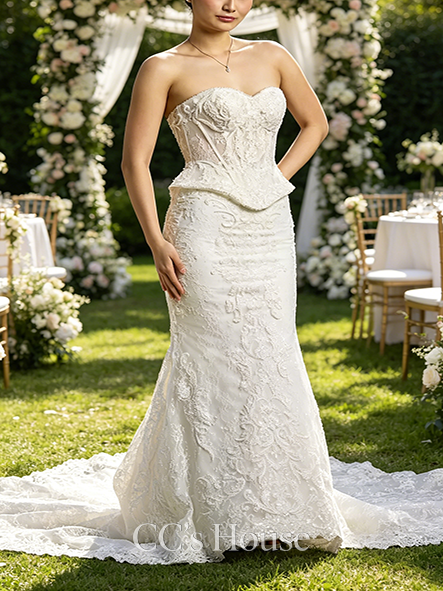Exquisite Beaded Lace Peplum Mermaid Wedding Dress