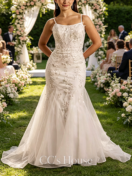 Stylish Lace Applique Mermaid Wedding Dress with Ruffled Godets