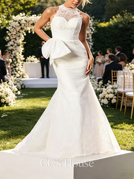 Vintage Lace High Neck Mermaid Gown with Bow Sash