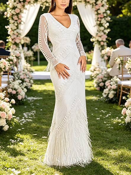 Gorgeous Beaded Long Sleeve Fringe Wedding Dress