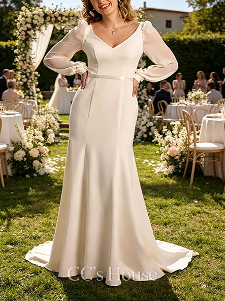 Minimalist Long Sleeve V-Neck Crepe Mermaid Wedding Dress