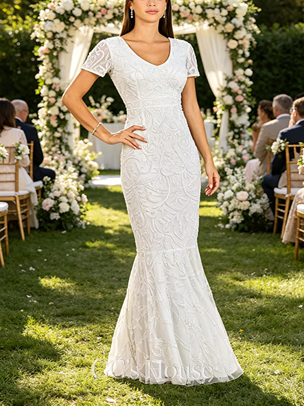 Lovely Short Sleeve V-Neck Beaded Mermaid Gown