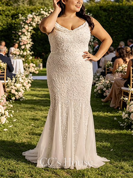 Charming Beaded Mermaid Wedding Dress with Cowl Neckline