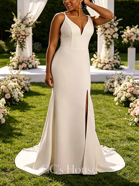 Artistic Crepe Mermaid Wedding Dress with Floral Appliques