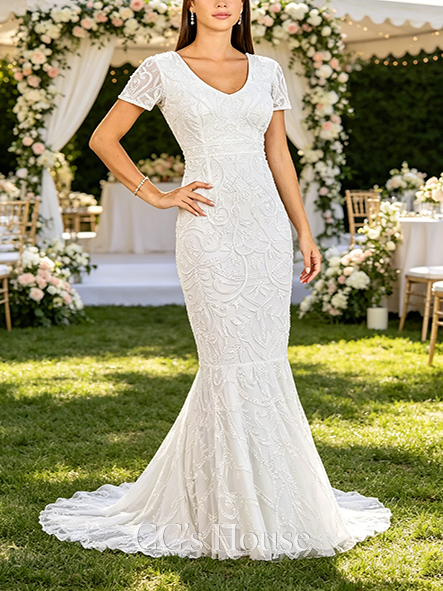 Cute Short Sleeve V-Neck Beaded Mermaid Gown