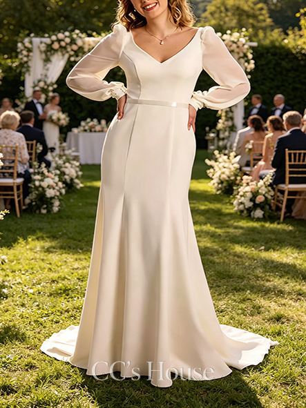 Sophisticated Long Sleeve V-Neck Crepe Mermaid Wedding Dress