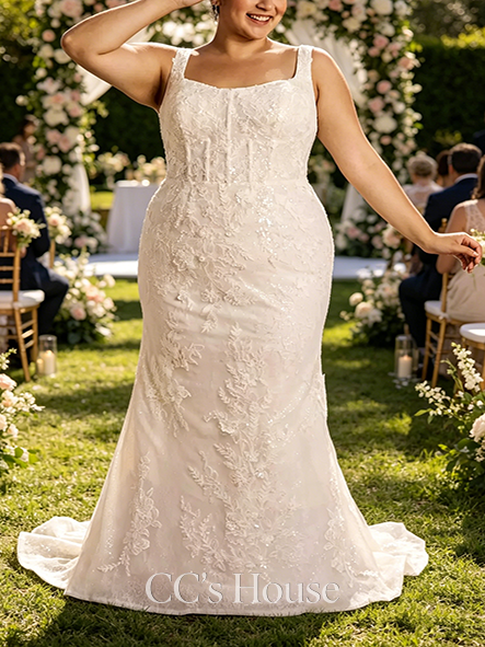 Dainty Tank Strap Lace Applique Mermaid Wedding Dress